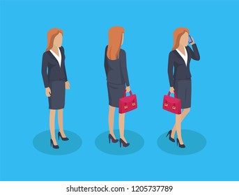 Woman businesslady icons set. Counselor talking on phone businesswoman carrying briefcase with papers. Business work of female isolated on vector