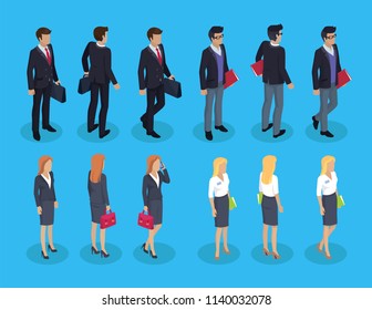 Woman and businessman construction. Executive person worker with documents. Secretary holding bag and talking on cell phone working people vector