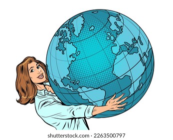A woman businessman holds the planet earth in her hands science ecology humanity. Pop art retro vector illustration 50s 60s vintage kitsch style