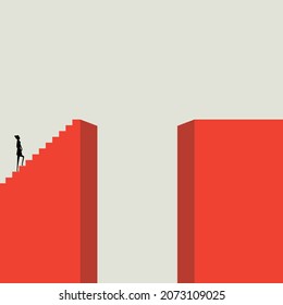 Woman businessman walking up the stairs to the problem, finding a way to solve the problem, help, business concept in a minimalist style, symbol of opportunity, leadership. Vector.