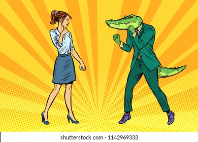 Woman businesswoman Boxing fights with crocodile reptiloid. Pop art retro vector illustration kitsch vintage