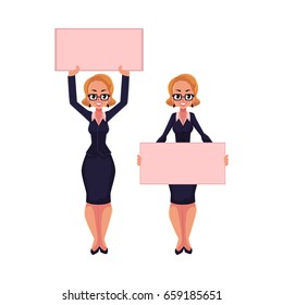 Woman, businesswoman on strike holding empty board over head and in front of herself, cartoon vector illustration isolated on white background. Smiling businesswoman, woman with empty board on strike