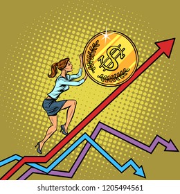 woman businesswoman roll a USA dollar coin up. Pop art retro vector illustration vintage kitsch