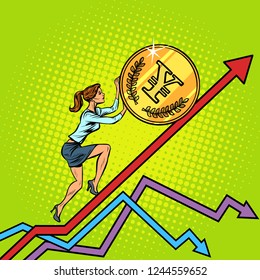 woman businesswoman roll a yen coin up. Pop art retro vector illustration vintage kitsch
