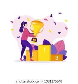 Woman Businesswoman Student Trainee Got Golden Winners Cup First Place Podium Flat Vector Illustration Goal Achievement Private Business Financial Success Business Celebration Victory Triumph Banner