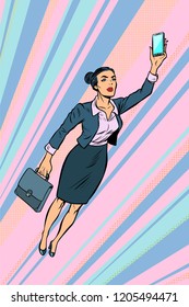 woman businesswoman, superhero flying. Pop art retro vector illustration vintage kitsch