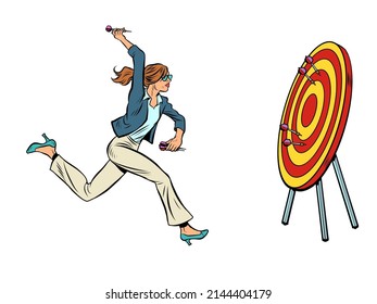 woman businesswoman target dart target accuracy competition, sports fun and recreation. Pop art retro vector illustration comic caricature 50s 60s style vintage kitsch