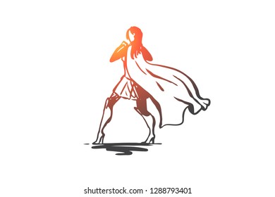 Woman, businesswoman, working, success, leadership concept. Hand drawn successful and confidence businesswoman concept sketch. Isolated vector illustration.