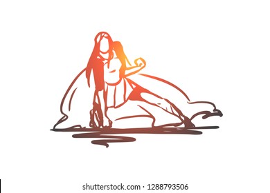 Woman, businesswoman, working, success, leadership concept. Hand drawn successful and confidence businesswoman concept sketch. Isolated vector illustration.