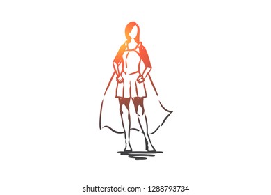 Woman, businesswoman, working, success, leadership concept. Hand drawn successful and confidence businesswoman concept sketch. Isolated vector illustration.