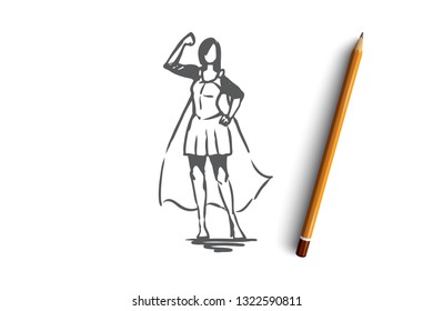 Woman, businesswoman, working, success, leadership concept. Hand drawn successful and confidence businesswoman concept sketch. Isolated vector illustration.