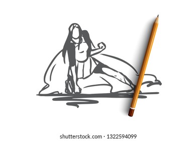 Woman, businesswoman, working, success, leadership concept. Hand drawn successful and confidence businesswoman concept sketch. Isolated vector illustration.