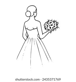 woman in a bustier wedding dress stands with her back and holds a bouquet in her hand. hand-drawn illustration in silhouette of a bride with a bouquet from the back