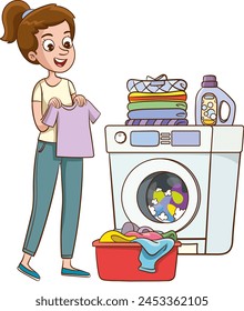 Woman busy with dirty laundry vector illustration. Cartoon wife, mother putting clothes in washing machine. Cute housewife doing domestic chores isolated character. Laundromat, domestic appliances