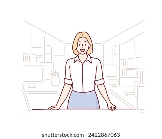 mujer en un lugar de trabajo moderno ocupado. Ilustraciones de diseño vectorial de estilo dibujado a mano.