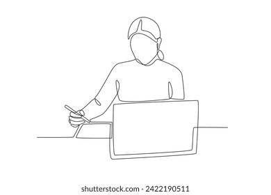 A woman is busy. Woman in office one-line drawing