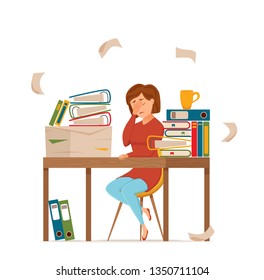 Woman busy tired working on computer colorful vector concept. Cartoon flat style illustration office clerk bored girl headache with desk laptop. Female character freelancer, secretary, businesswoman