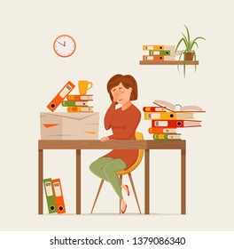 Woman busy tired working on computer colorful vector concept. Cartoon flat style illustration office clerk bored girl headache with desk laptop. Female character freelancer, secretary, businesswoman