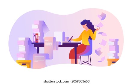 Woman busy with work. Employee sits at table with stack of papers. Clerk, manager, accountant. Large number of tasks, paperwork. Cartoon flat vector illustration isolated on white background