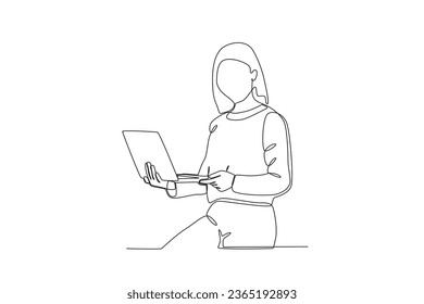 A woman is busy working with a laptop. Dia de la mujer emprendedora one-line drawing