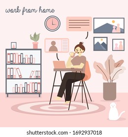 Woman Busy working on laptop while drinking with comfortable home and cat. Work from Home and Stay Home to Stay Safe during pandemi coronavirus quarantine concept. prevent infection spreading