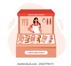 Woman in butcher shop concept. Young girl at counter with sausages and meat. Support your local shop. Chicken, pork and beef. Natural and organic products. Cartoon flat vector illustration