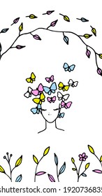 Woman with butterflies on floral background. Hand drawn vector illustration. Vertical design for greeting cards, certificates, invitations