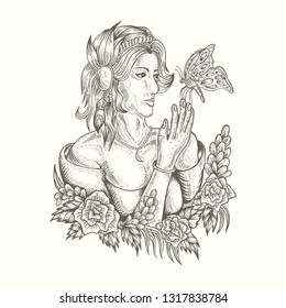 woman and butterfly handdrawn vector illustration
