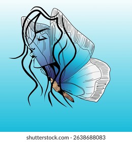 woman and butterfly icon on blue background