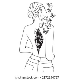 Woman with butterfly. Line art female body with butterflies. Abstract face with butterfly by one line vector drawing. Portrait minimalistic style. Botanical print. Nature symbol of cosmetics. 