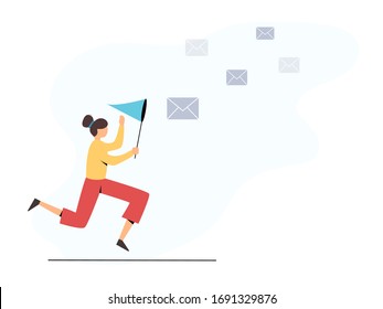 Woman with butterfly net catch emails. Vector concept of online mailing, correspondence. Waiting for mail. Trendy illustration in a flat style.