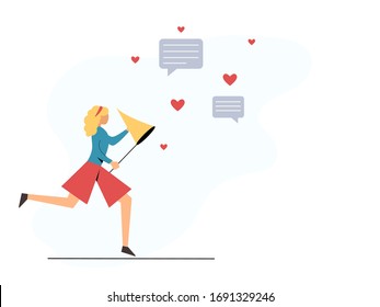 Woman with butterfly net catch likes and comments. Vector concept of social media addiction. Chasing for love, recognition,fame. Trendy illustration in a flat style.