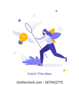 Woman with butterfly net catching flying winged lightbulb. Concept of chasing or pursuing innovative business idea, creative thinking, brainstorm. Modern flat vector illustration for banner, poster.