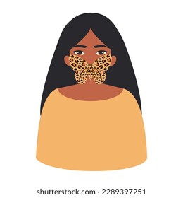 A woman with a butterfly on her face on her lips. Concept art of freedom of speech. Don't be silent about violence or bullying. Vector.