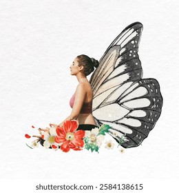 A woman with butterfly wings sits gracefully among flowers. Butterfly wings add a magical touch. Flowers surround the woman with butterfly wings. Aesthetic woman illustration vector.