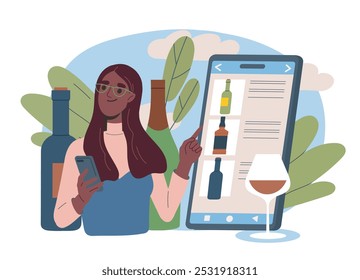 Woman buy alcohol online. Young girl with bottle of wine near smartphone screen. Person with alcoholic drink at beverage. Flat vector illustration isolated on white background