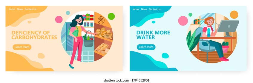 Woman buy bread in grocery store. Girl works in home office and drinks water. Concept illustration. Vector web site design template