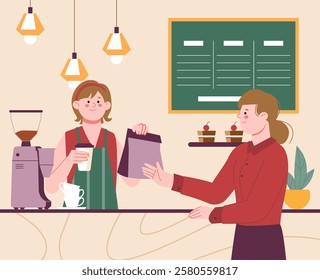 Woman buy coffee and pastry in cafe or coffee shop. Barista at work, cute girl waiter at counter with coffee and packaging. Sale coffee, vector scene