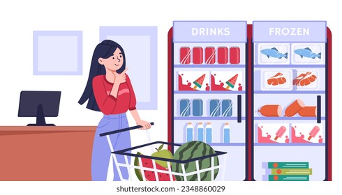 Woman buy frozen food concept. Young girl with cart near ice cream, fish and meat. Natural and organic products, vegetables and fruits. Soda and water, drinks. Cartoon flat vector illustration