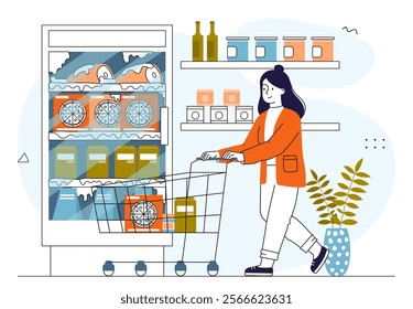 Woman buy frozen foods. Woman with cart in supermarket buying pizza. Frozen eating and groceries. Routine and household chores. Customer in market or store. Linear vector illustration