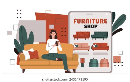 Mujer comprar muebles en línea. La muchacha joven elige el sofá en el apartamento o en casa. Compras en Internet con entrega a domicilio. Personaje con smartphone buscando muebles. Ilustración de vector plano de dibujos animados