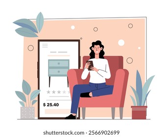 Woman buy furniture online. Young girl with smartphone buys armchair. Electronic commerce, cashless transfers and transactions. Home delivery. Interior elements. Flat vector illustration
