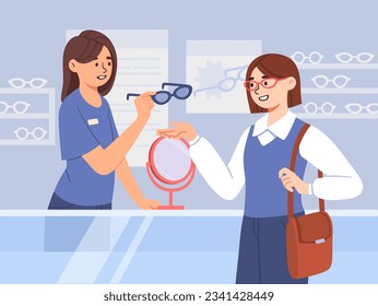 Woman buy glasses concept. Young girl with vision problems came to optics market or shop. Character with eyeglasses. Diagnosis and treatment, health care. Cartoon flat vector illustration