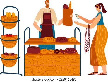 Woman buy homemade bread from bakery chef, character male bakehouse cook isolated on white, flat vector illustration. Female client purchase fresh pastry.