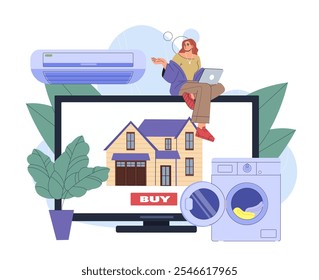 Woman buy house online. Young girl with laptop with real estate and private property. Mortgage and loan on internet. Deals with apartment. Flat vector illustration isolated on white background
