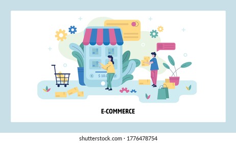Woman buy product online usoing her mobile phone. Ecommerce concept illustration. Online shop. Vector web site design template