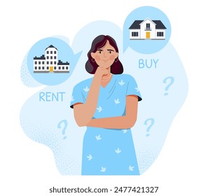 Woman with buy or rent decision. Woman think about deals with real estate and private property. Choosing between Rental and Home Ownership. Trader and investor. Cartoon flat vector illustration