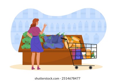 Las mujeres compran verduras. Chica joven elige productos frescos y naturales. Tienda de comestibles o mercado. Contador con zanahorias, berenjenas y ensalada. Ilustración vectorial plana aislada sobre fondo blanco