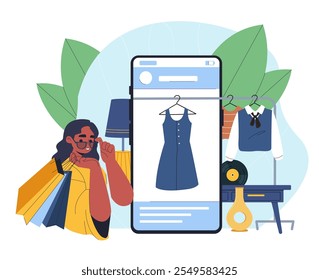 Woman buy vintage items online. Young girl looking at smartphone screen chooses retro clothes. Online shopping and home delivery. Electronic commerce and retail. Flat vector illustration