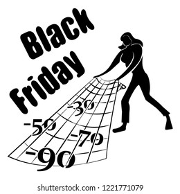 Woman Buyer catches discounts during Black Friday sales. Catch more discounts. Vector illustration.